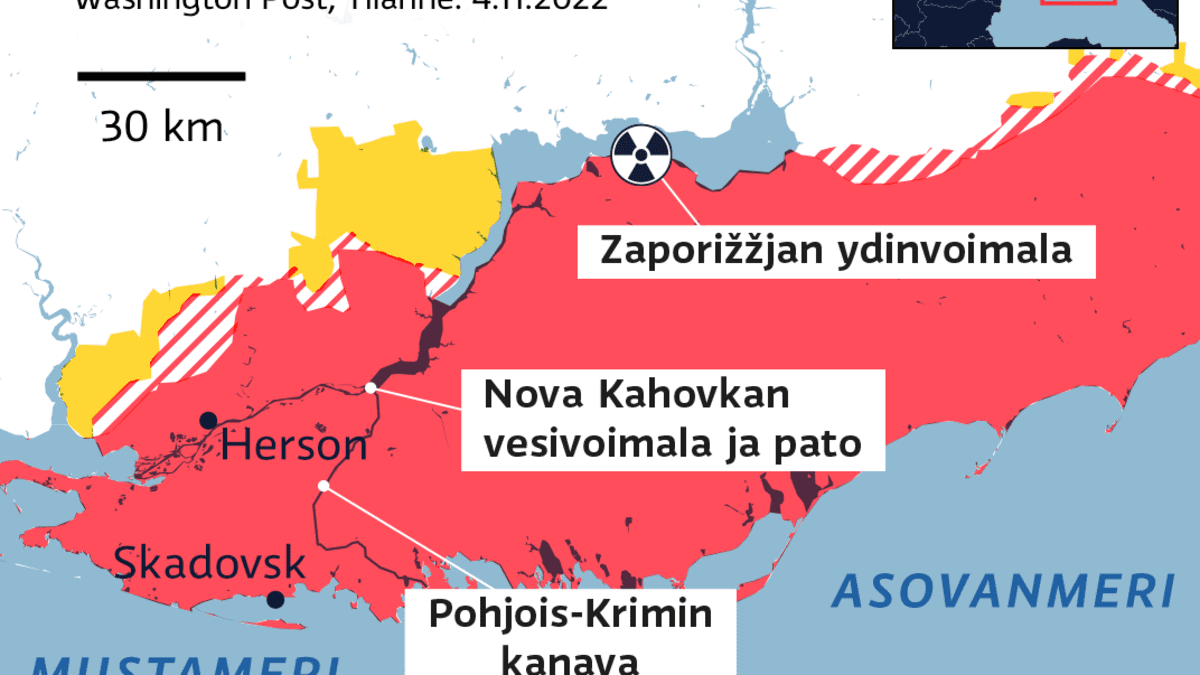 Kartalla Venäjän valtaamat alueet Hersonin alueella 4.11.2022. Lisäksi kartalla näytetty Zaporižžjan ydinvoimalan, Nova Kahovkan vesivoimalan ja padon sekä Pohjois-Krimin kanavan sijainnit.