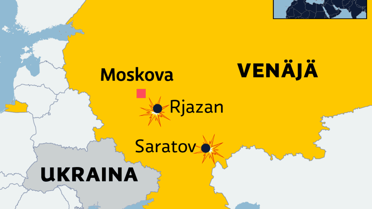 Kartalla Venäjällä, Rjazanissa ja Saratovissa, tapahtuneet räjähdykset.