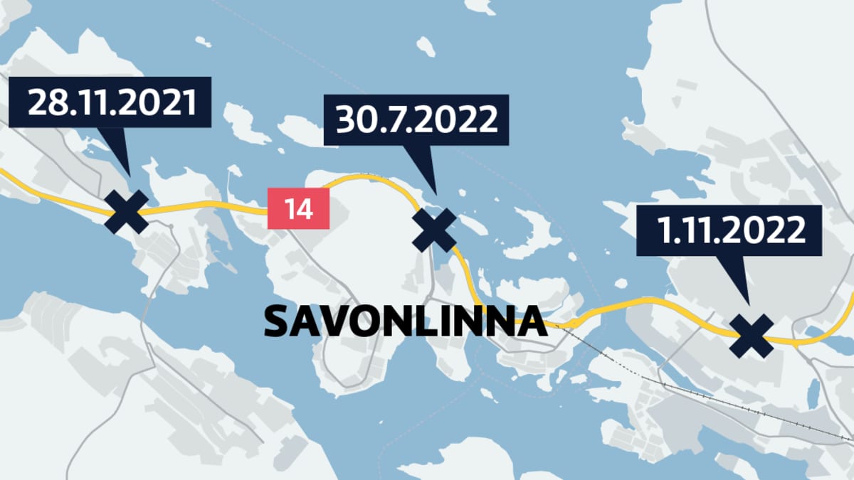 Karttagrafiikka Savonlinnassa sattuneista kuolonkolareista ja yhdestä vakavasta onnettomuudesta