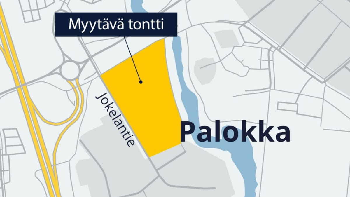 Karttakuvan keskellä näkyy keltaisena kahden hehtaarin tyhjä tontti Pappilanjoen varressa Palokassa.