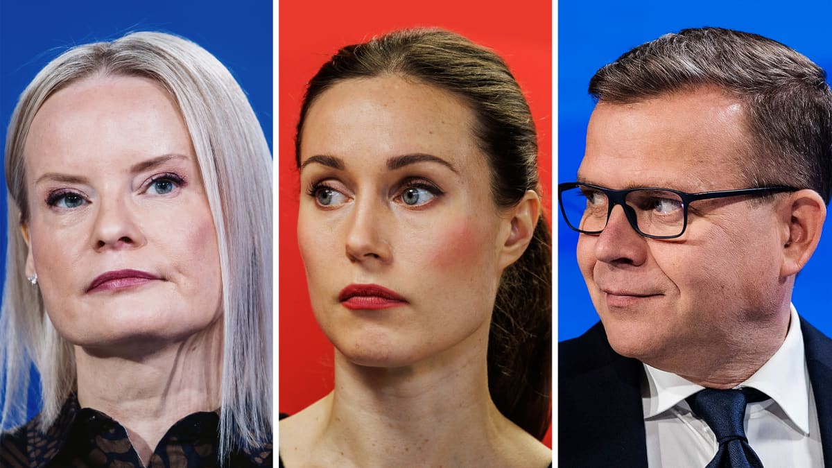 Collage av tre bilder, Riikka Purra till vänster, Sanna Marin i mitten och Petteri Orpo till höger.