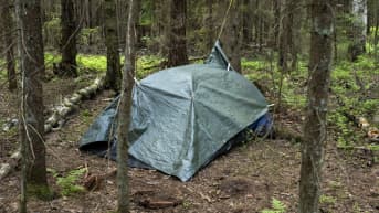 Metsän keskellä pressun alla oleva teltta