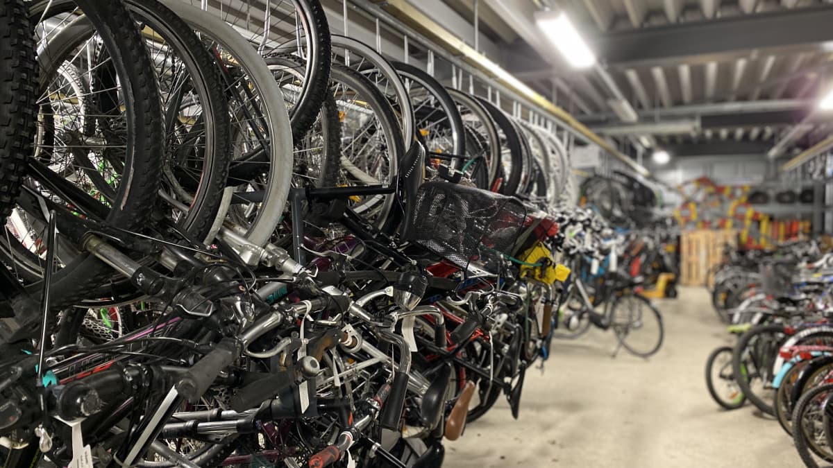 Monenlaisia ja -värisiä polkupyöriä varastossa. Osa pyöristä on nostettu telineisiin, osa on lattialla. 