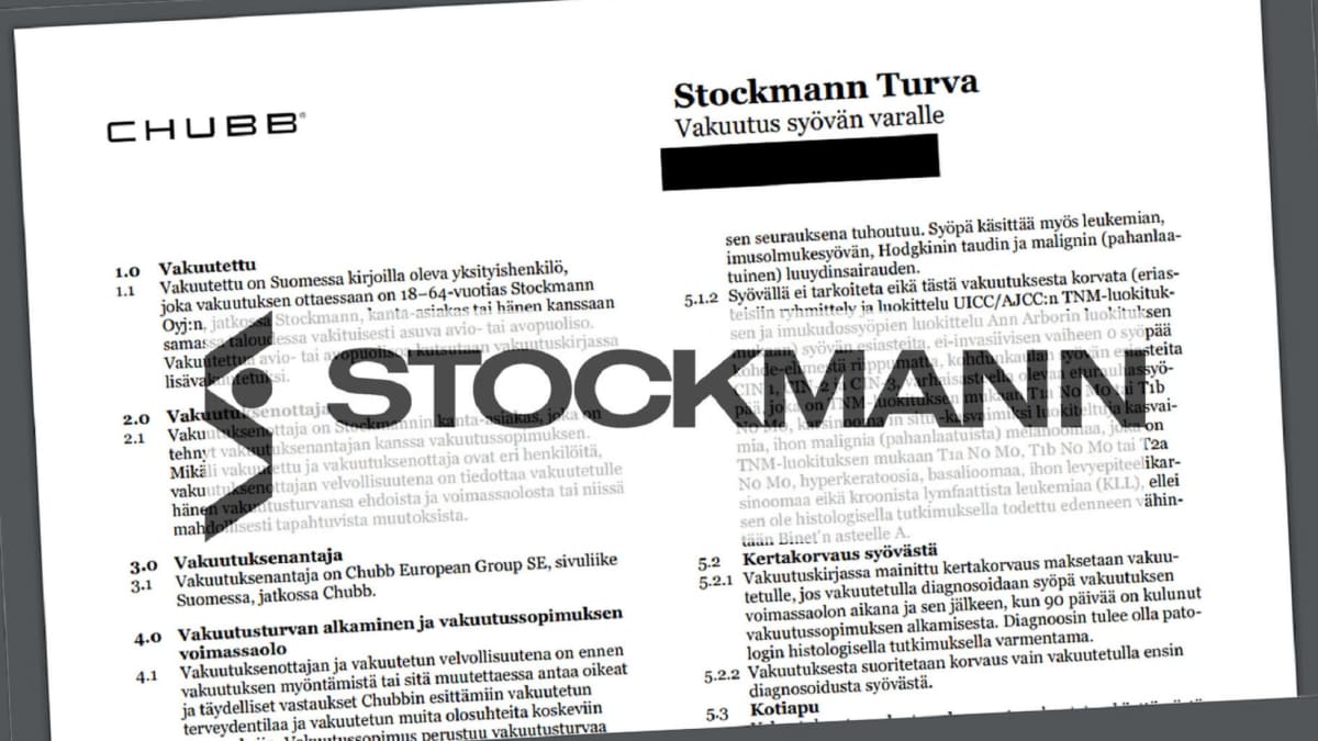 Kansainvälinen vakuutusyhtiö myy "syöpävakuutuksia" Stockmannin nimissä.