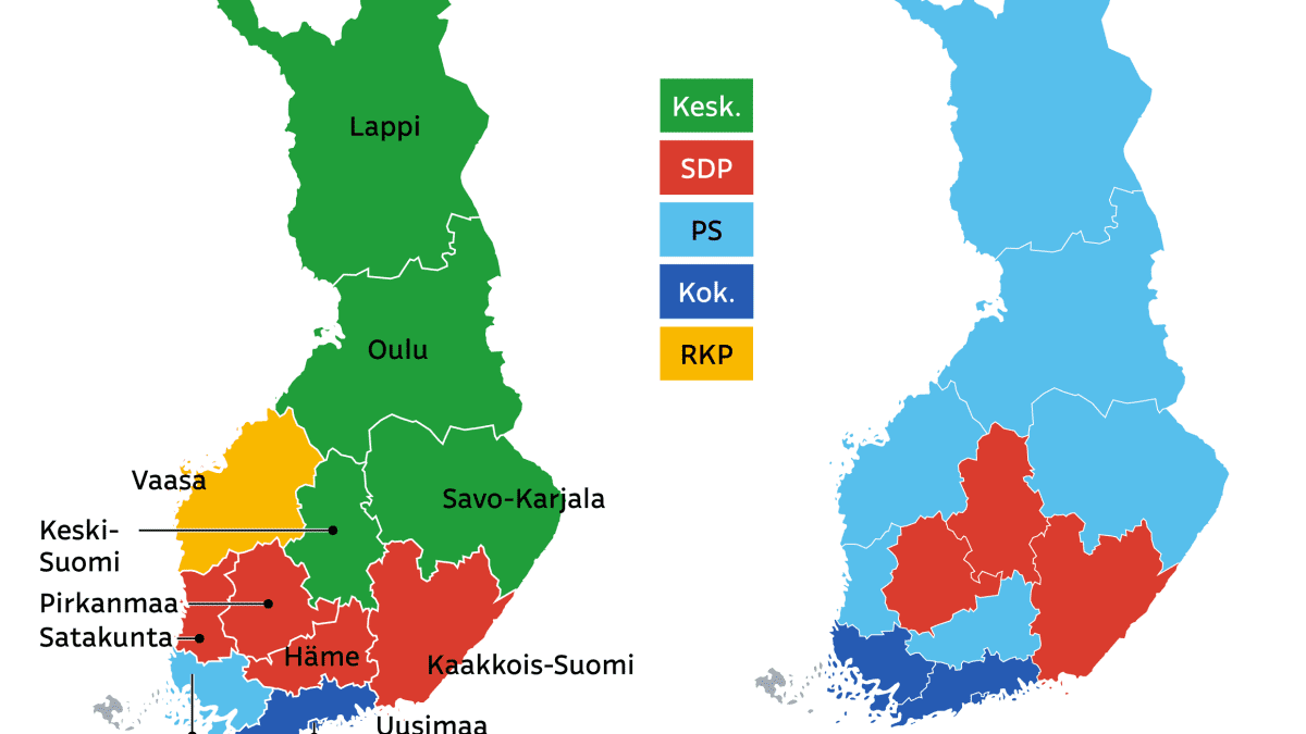 Perussuomalaiset nousi valtapuolueeksi lukuisissa vaalipiireissä – katso  kartalta, missä valta vaihtui