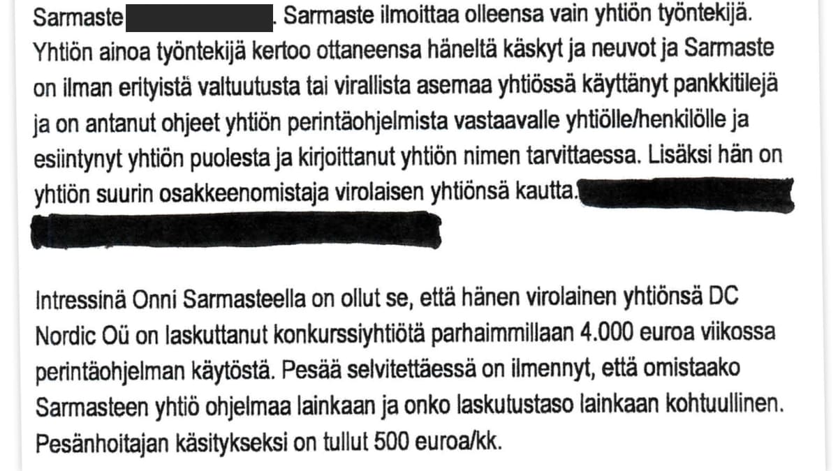 Ote Onni Sarmasteen velallisselvityksestä