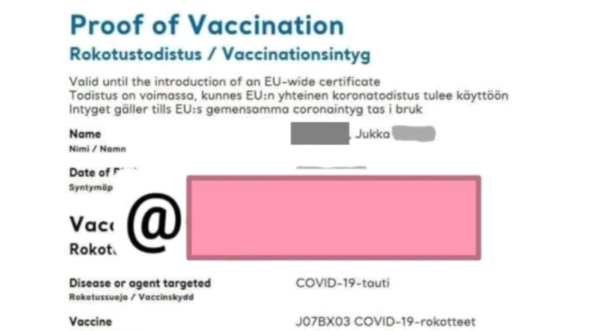 Netissä kaupiteltava väärennetty, Suomen rokotetodistusta esittävä tiedosto.