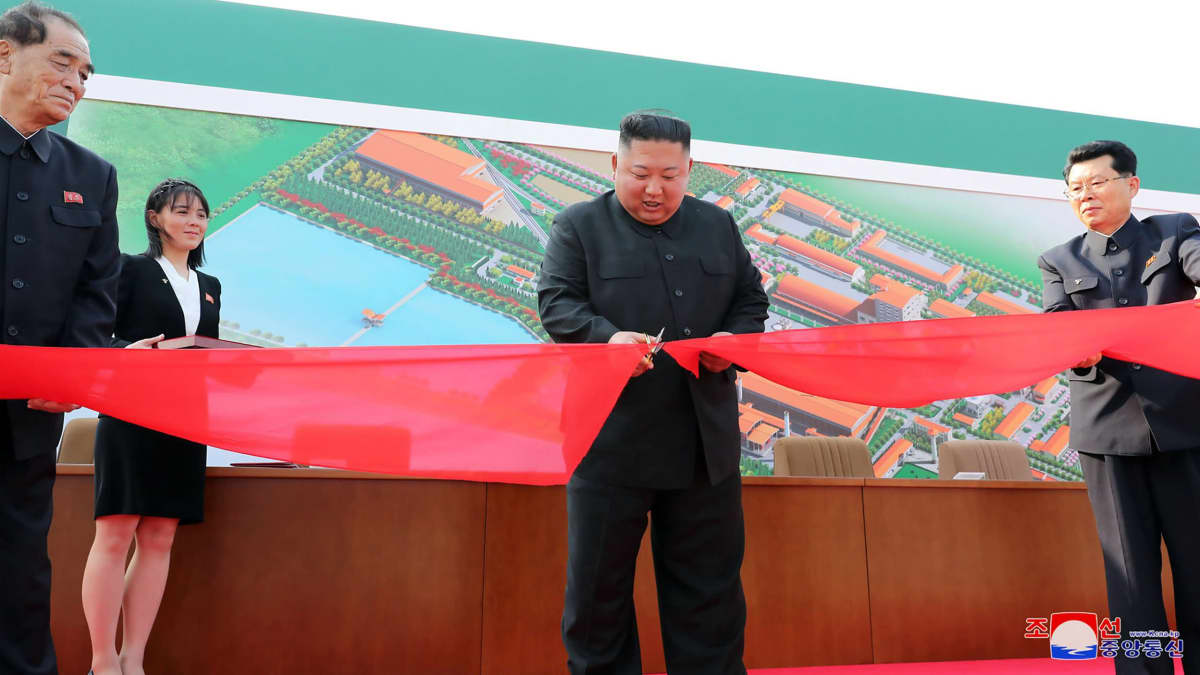 Kim Jong-un leikkaa punaista nauhaa lannoitetehtaalla.