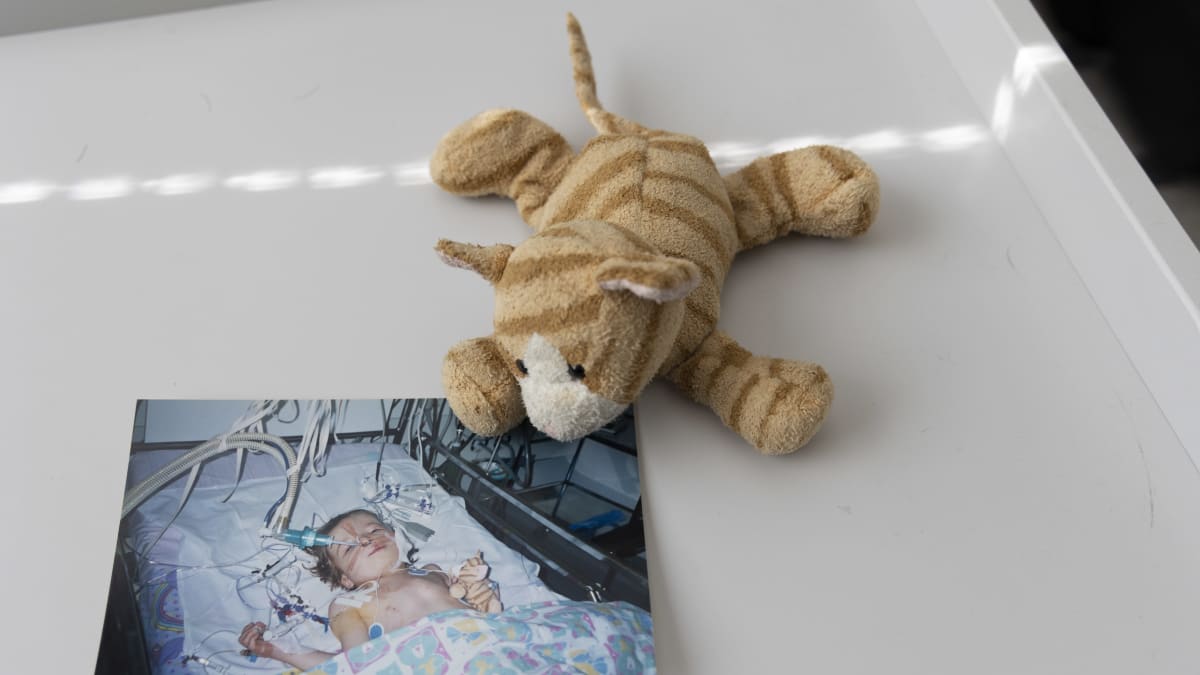 Pöydällä on valokuva Jasmin Pyyköstä sairaalassa. Valokuvan vieressä on kissapehmolelu.
