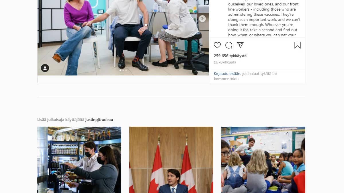 kuvakaappaus Justin Trudeaun Instagram-sivuilta