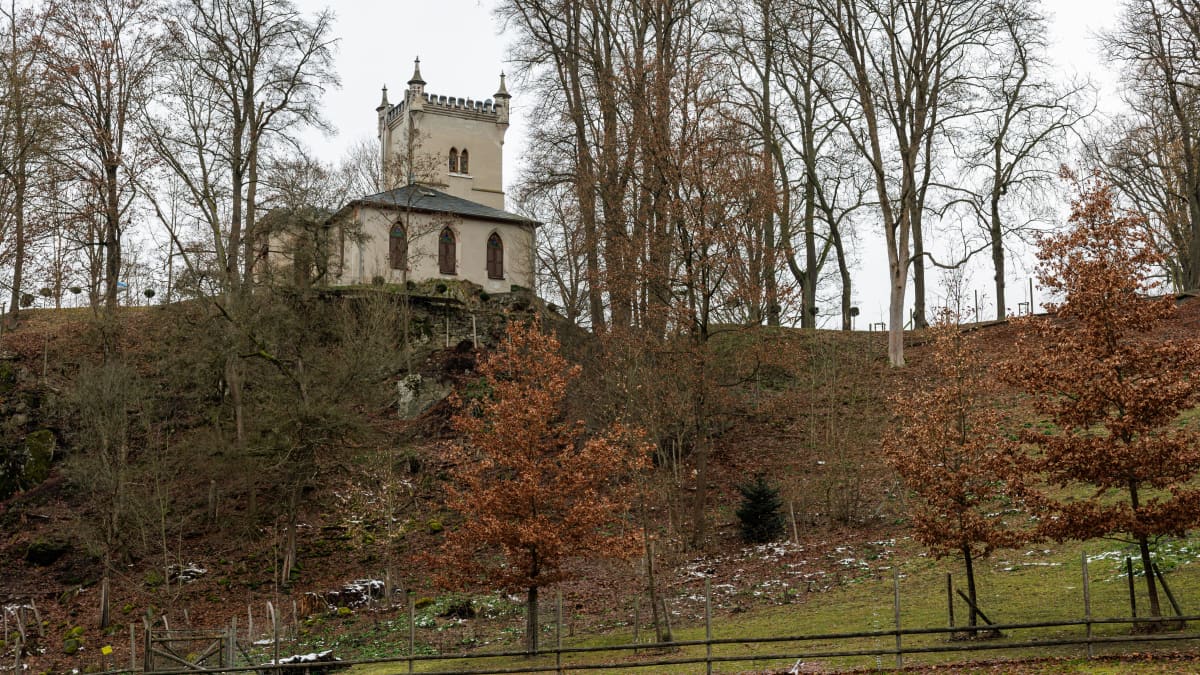 Heinrich Reussin omistama pieni linna metsän takaa kuvattuna Bad Lobensteinissa Saksassa.