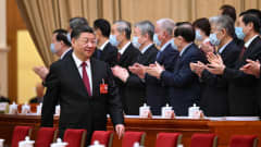 Xi Jinping kävelee taputtavien parlamentin jäsenten edustalla.