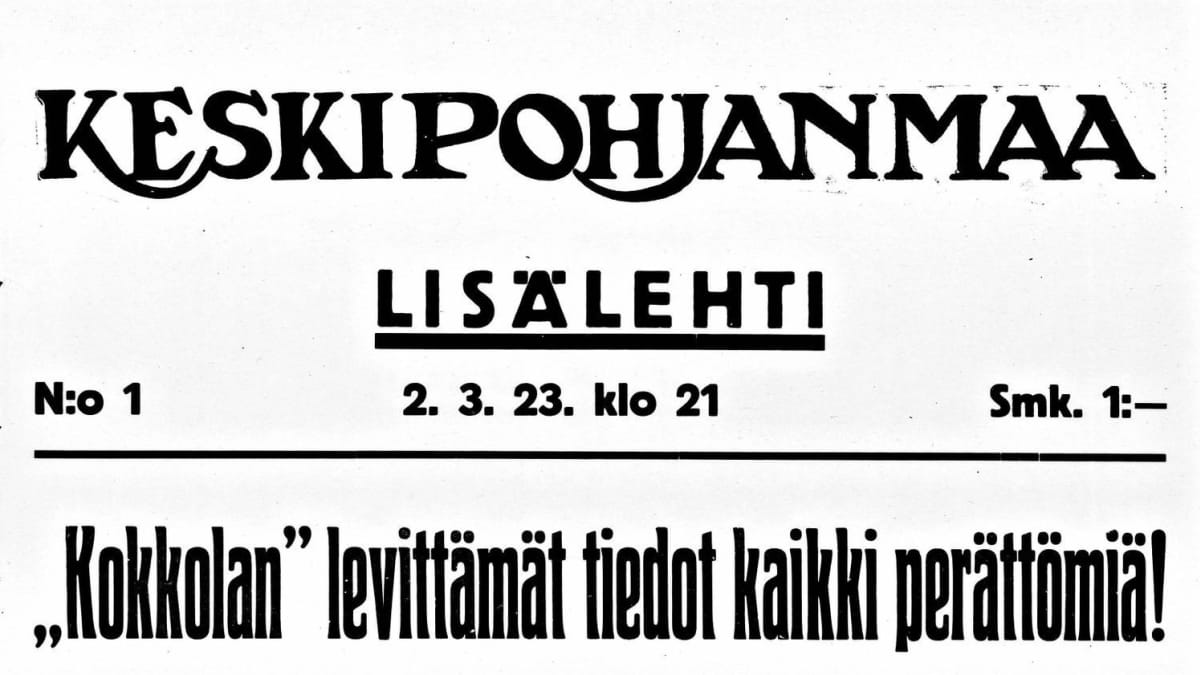 Keskipohjanmaan lisälehti 2.3.1932. "'Kokkolan' levittämät tiedot kaikki perättömiä!"