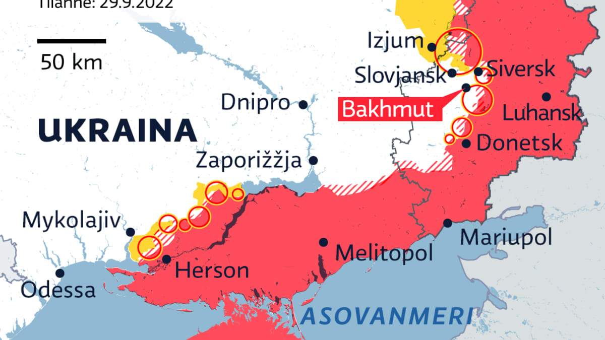 Itä-ukrainan kartta missä Bakhmut näkyy.