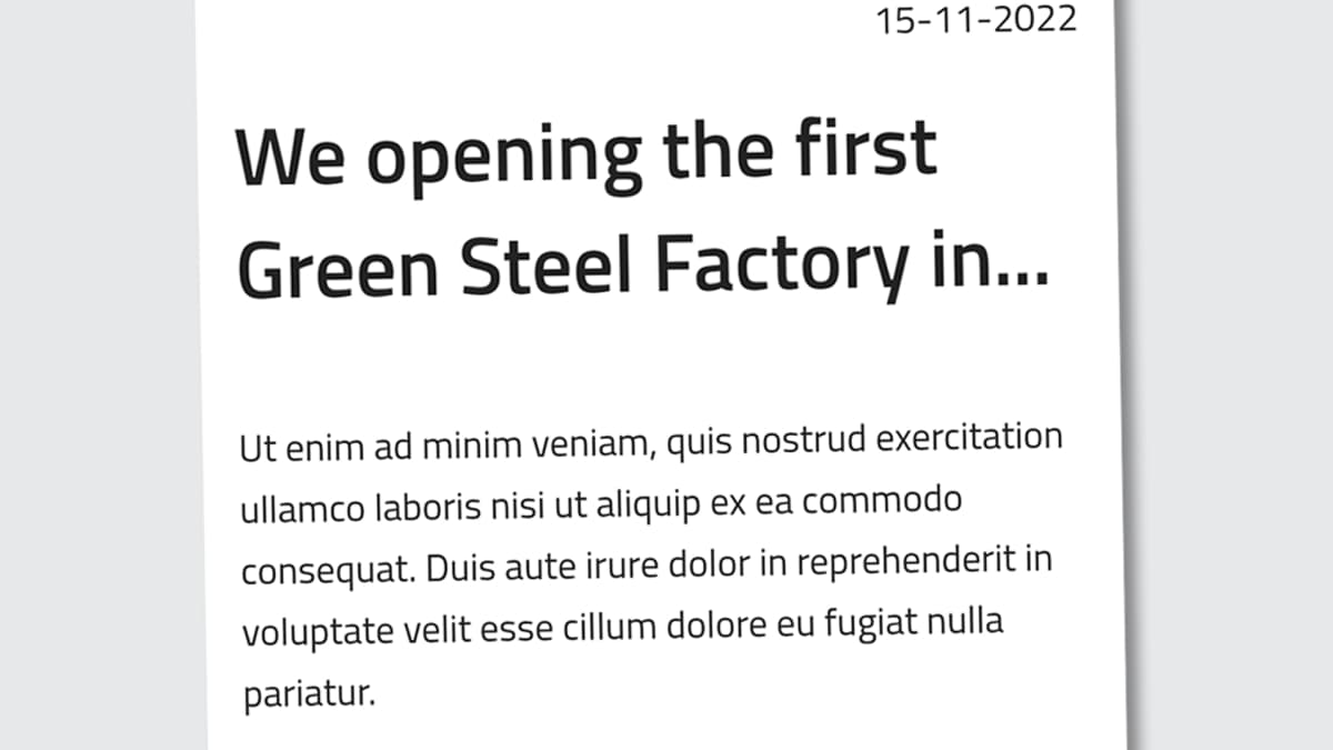 Kuvakaappaus Blastr-yhtiön sivuilta, jossa näkyy otsikko "We opening the first Green Steel Factory in..." (avaamme ensimmäisen vihreän terästehtaan...) sekä lorem ipsum -tekstiä, jota käytetään verkkosivujen ulkoasun testaamisessa.