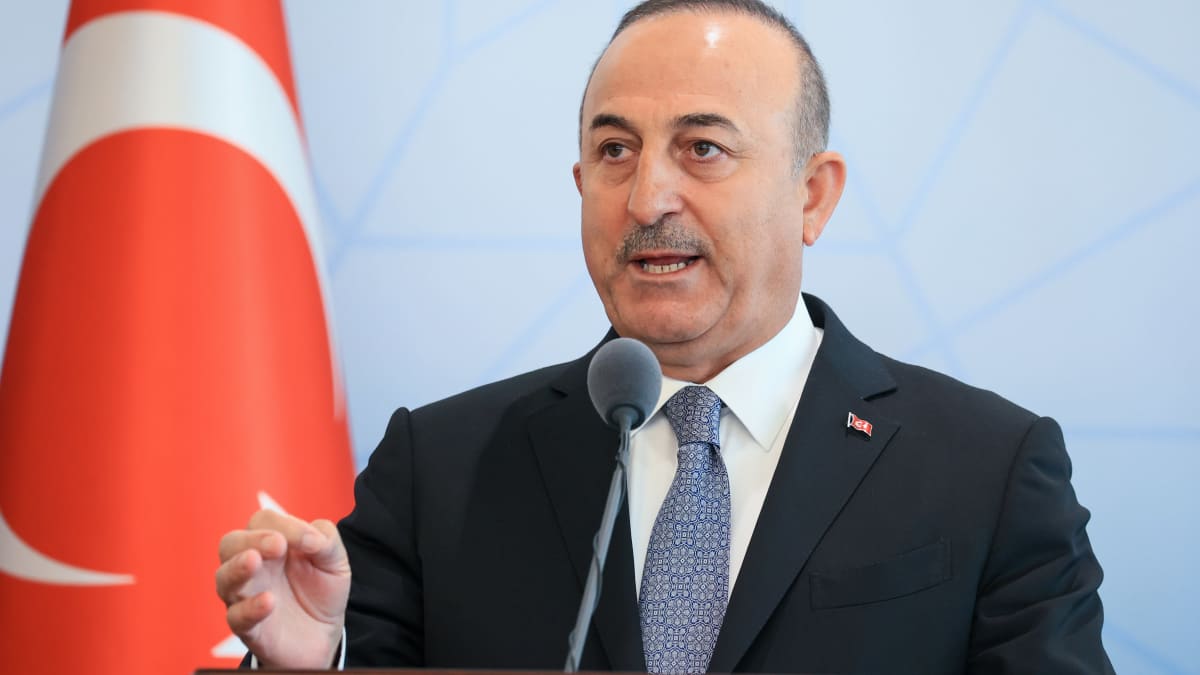 Çavuşoğlu puhuu mikrofoniin.