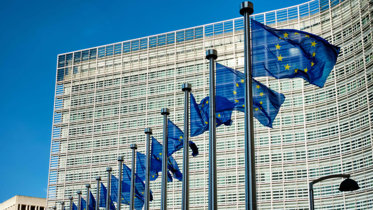 Eu:n lippuja salossa EU:n parlamenttitalon edessä Brysselissä.