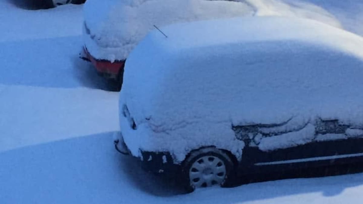Autoja lumen peitossa kerrostalon pihassa Ilomantsissa.