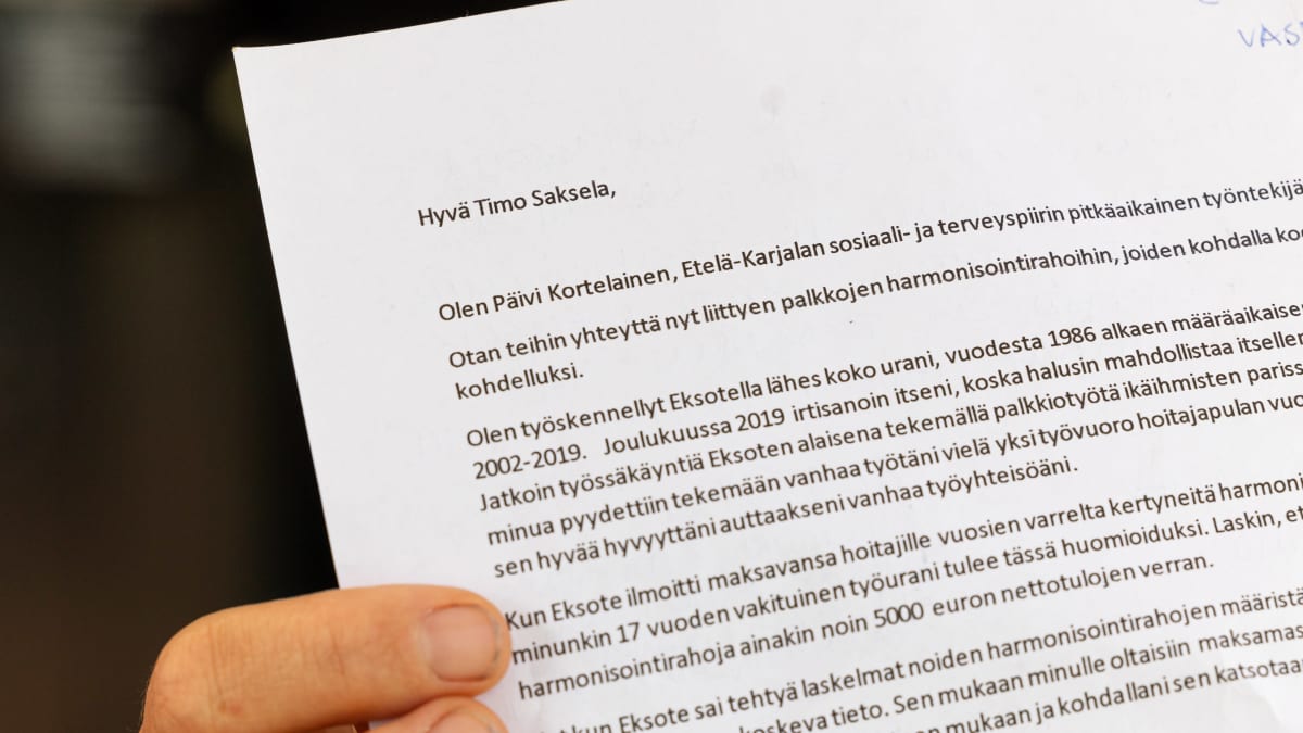 Päivi Kortelaisen lähettämä sähköposti Eksoten toimitusjohtaja Timo Sakselalle.