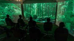 Ihimiset istuvat tuoleilla pimeässä huoneessa ja etupuolelle ja sivuille heijastetaan videota metsästä.