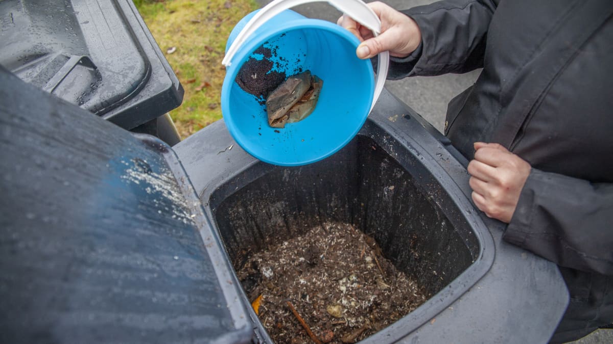 Kuopiolainen Sirpa Pitkämäki tyhjentää kodin biojätteitä uuteen kompostoriin.