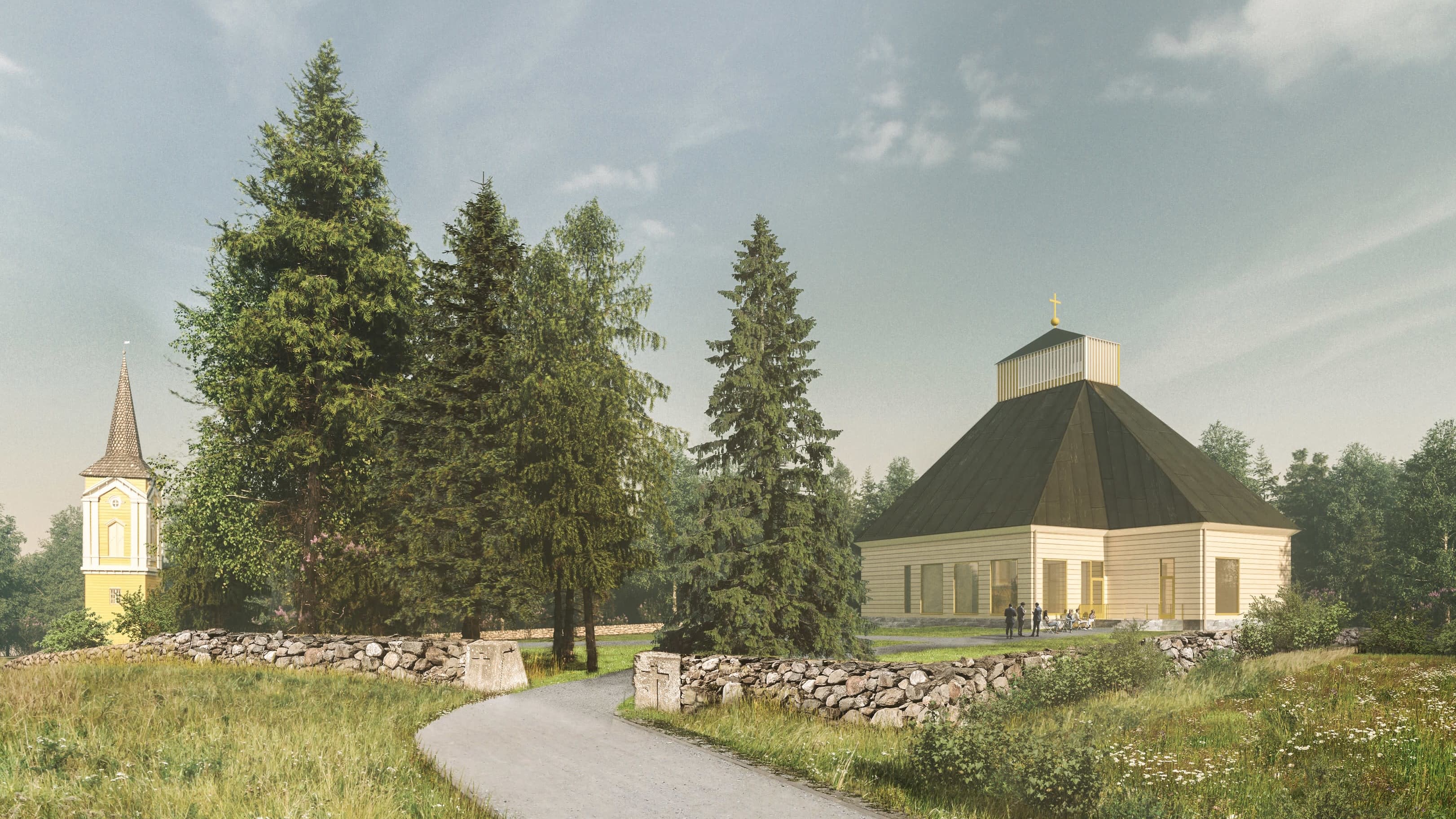 Arkkitehdin laatima havainnekuva Kiihtelysvaaraan rakennettavasta kirkosta. Puinen ristinmuotoinen kirkko seisoo kiviaidan rajaamalla puistoisella mäellä, vieressä vanha kellotapuli.