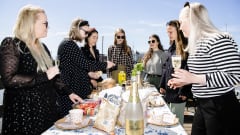 Kuvassa Kati Kekkonen, Tuuli Latva-Teikari, Annukka Lehtonen, Mariia Kauppi, Maiju Koski, Ella Arkko ja Kaisa Kiiski ovat piknikillä Tervasaaren rannassa.