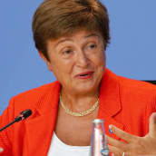 Kristalina Georgieva puhui lehdistötilaisuudessa Berliinissä elokuussa.