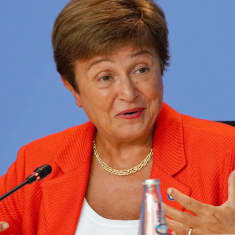 Kristalina Georgieva puhui lehdistötilaisuudessa Berliinissä elokuussa.