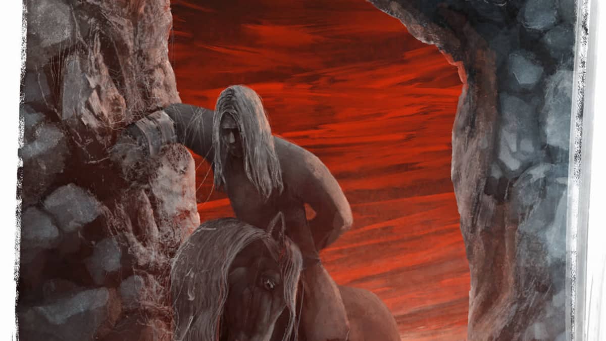 Piirroskuva Viron Kalevipoeg-kansalliseepoksen jättiläisestä hevosen selässä, toinen käsi kivestä rakennettun kaariseinämään vasten. Takana hehkuu oranssi auringonlasku.