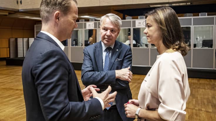 Tanskan, Suomen ja Slovenian ulkoministerit Jeppe Kofod, Pekka Haavisto ja Tanja Fajon.