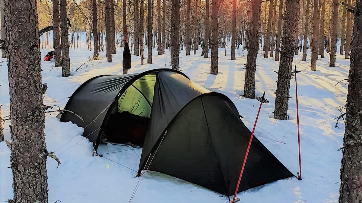 Teltta lumisessa metsässä