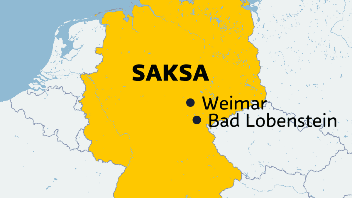Kartassa on kaupunkien Weimar ja Bad Lobenstein sijainnit lähellä Saksan itärajaa.