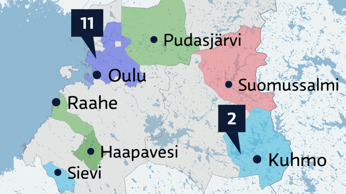 Kartta Oulun vaalipiirin kansanedustajien kotipaikkakunnista.