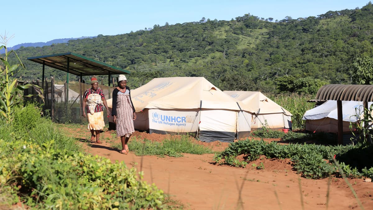 Kaksi naista kävelee YK:n pystyttämän suojateltan vieressä. Idai- myrsky aiheutti vahinkoja Mosambikissa maaliskuussa 2020. Osa kotinsa menettäneistä pakeni Zimbabwen puolelle. uriiineppoo