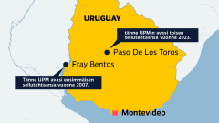 Kartassa esitettynä UPM:n kahden sellutehtaan sijainnit Uruguassa.