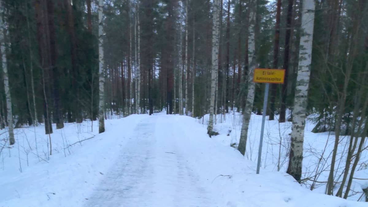 Turenkilainen metsä ja aurattu tie, ohessa kyltti "ei talvikunnossapitoa".
