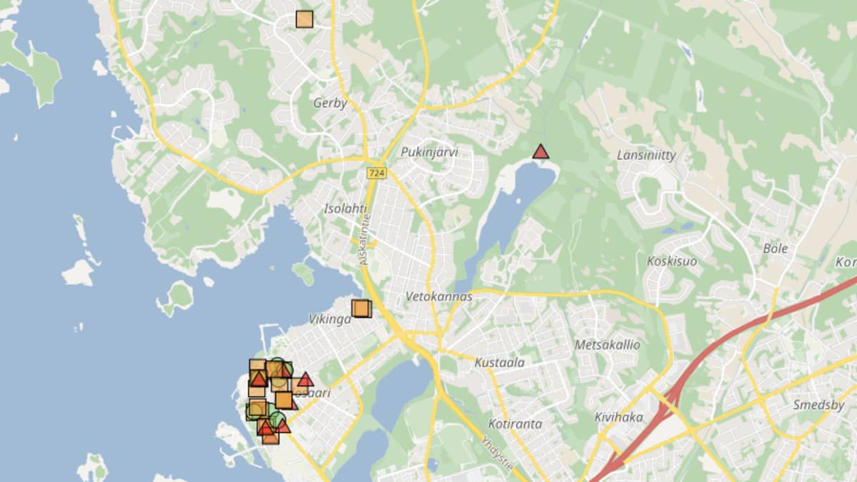 Kartta Vaasasta, jossa näkyy missä hajuhaitat ovat rekisteröityneet.