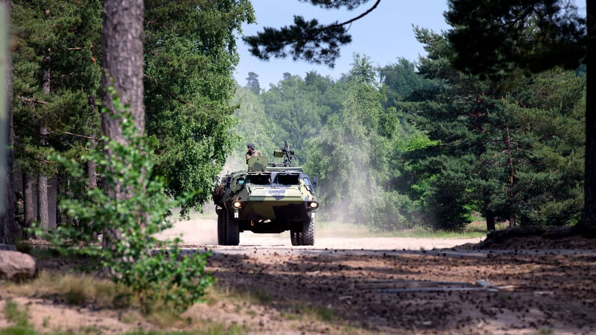 A Finnish soldier standing in the upper hatch of an armoured vehicle surrounded by clouds of dust on a sandy road covered with pinecones, surrounded by trees. Photo from Santahamina island in Helsinki, June 2022.
