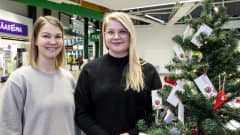 Kotkan nuorkauppakamarin projektipäälliköt Laura Värtö ja Sonja Hirvasniemi joulupuun vieressä.