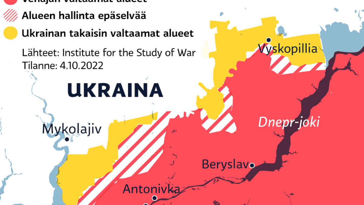 Kartalla Venäjän valtaamat alueet Hersonin alueella 4.10.2022.