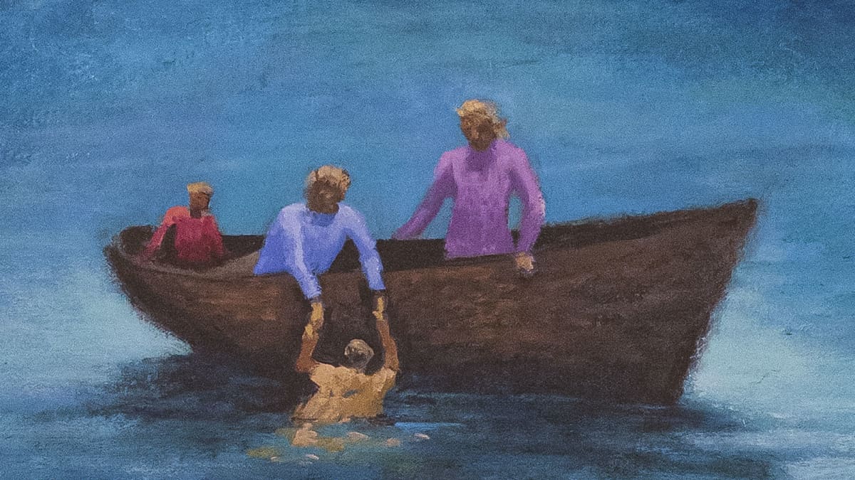 Yksityiskohta Samuli Heimosen taidemaalauksesta: Ihmistä autetaan merestä veneeseen