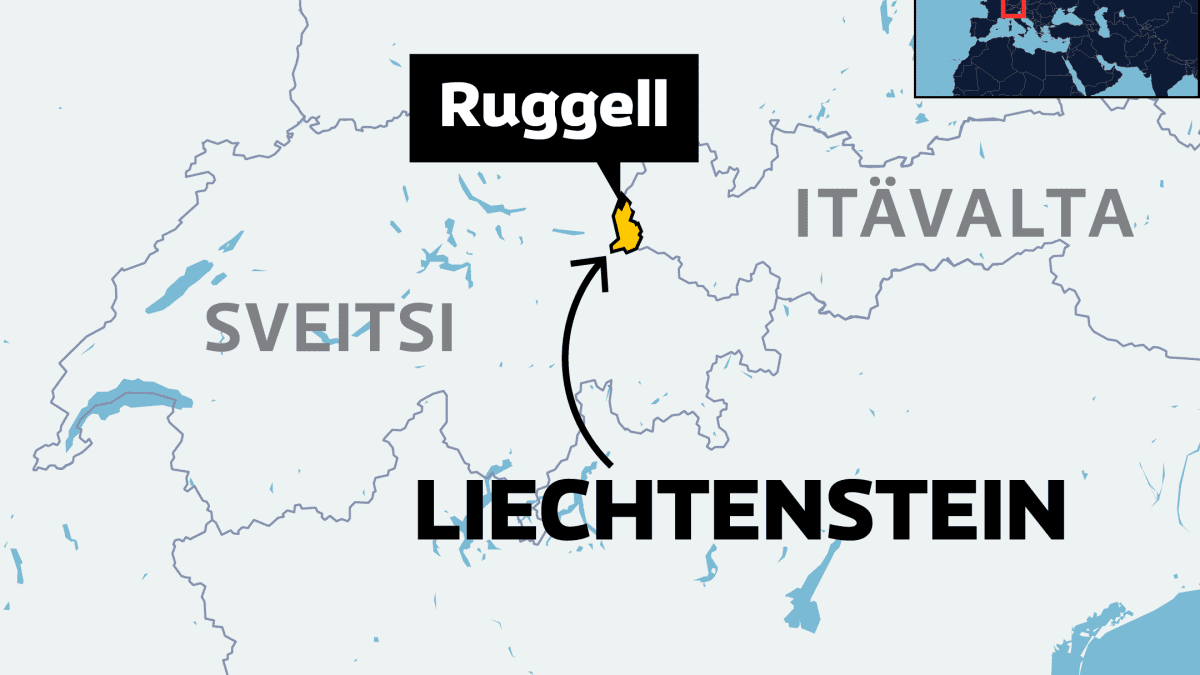Karttakuva Euroopan keskellä sijaitsevasta Liechtensteinista ja siellä sijaisevasta Ruggellin kunnasta