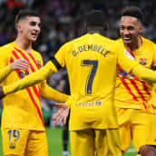 Pedri, Ousmane Dembele ja Pierre-Emerick Aubameyang juhlivat Barcelonan maalia El Clasicossa.