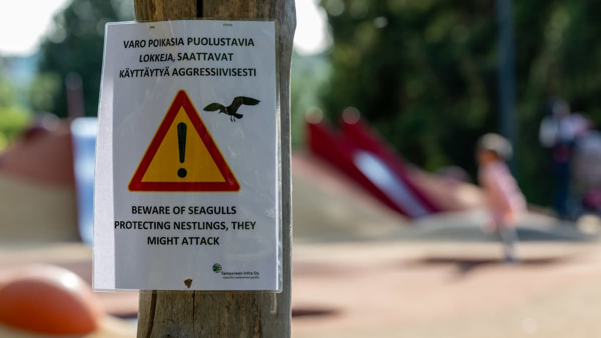 Aggressiivisista lokeista kertova kyltti Tiitiäisen puistossa Tampereella.