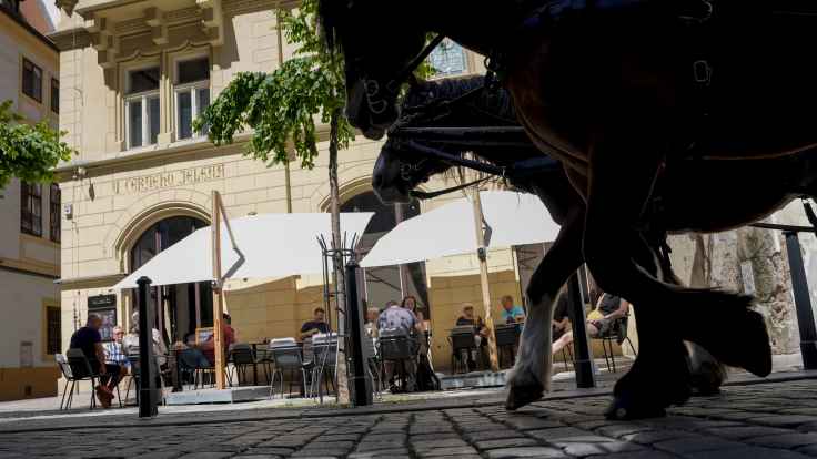 Hevoskärryt kulkevat Prahan vanhassa kaupungissa pienen ravintolan edustalla. 