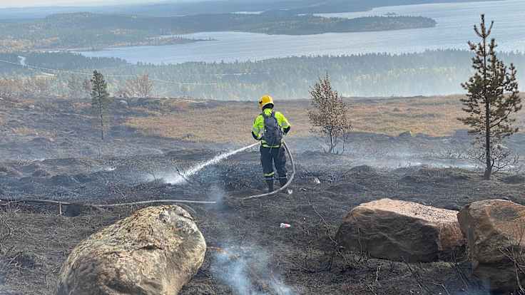 Firefighter spraying water from a hose onto a smoldering field, blacked from a wildfire.