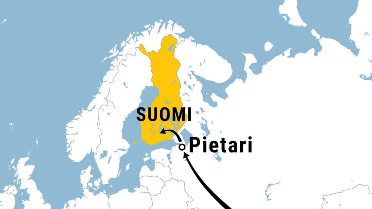 Kartta, jossa kuvattu nuolella reitti Iranista Pietarin kautta Suomeen