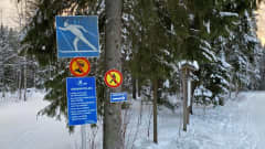 Takajärven Jussapäkin kuntopolun alkuun on laitettu koirahiihtolatu -kyltti ja kiertosuuntakyltti.