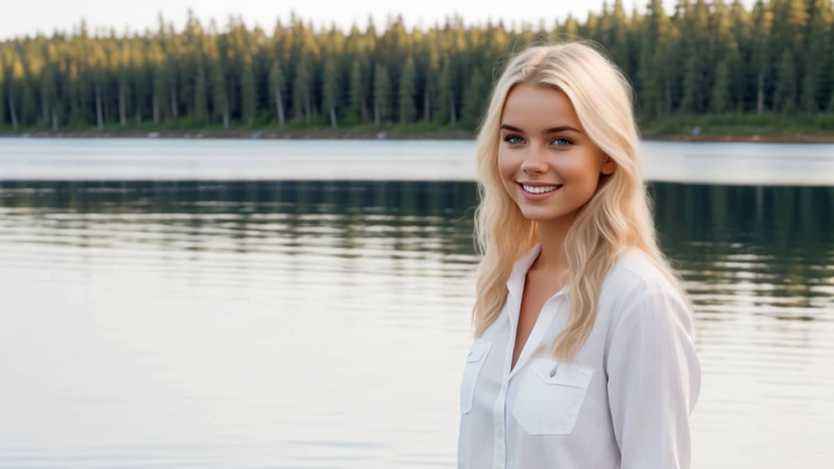 Vaaleatukkainen nainen valkoisessa paidassa seisoo järven rannalla ja hymyilee.